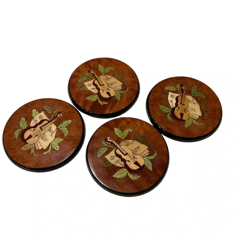 HANDMADE Italian Coaster Set of 6 Inlaid Wooden Stand Mandolin/ Violin Brown Tan